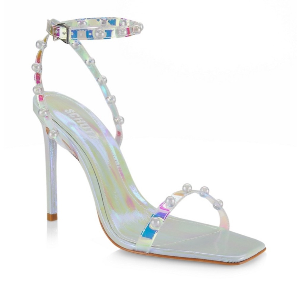 Schutz vinyl sandals. Faux pearls. Iridescent, ankle strap. About 4” heel.